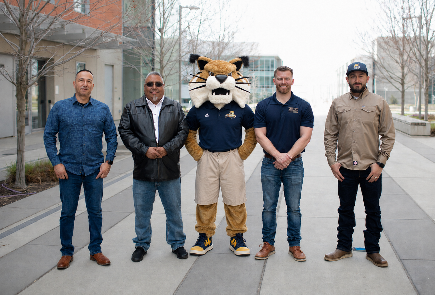 Picture of facilities services managers standing shoulder to shoulder featuring Rufus Bobcat mascot in the middle.