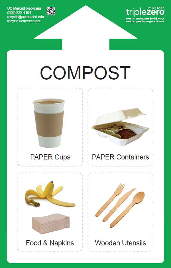 Image of a compost poster depicting what items can be composted. Paper cups, paper napkins, paper containers, food scraps, and wooden utensils.